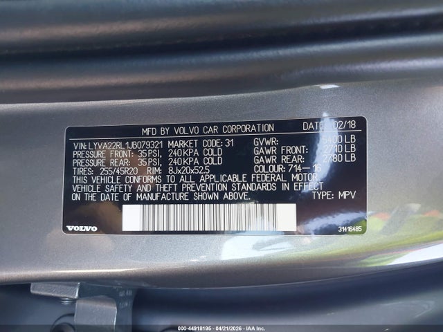 LYVA22RL1JB079321 Volvo Xc60 T6 Inscription