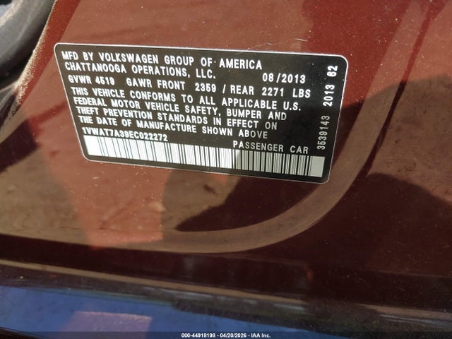 44918198 :رقم المزاد ، 1VWAT7A39EC022272 vin ، 2014 Volkswagen Passat 1.8t Wolfsburg Edition مزاد بيع
