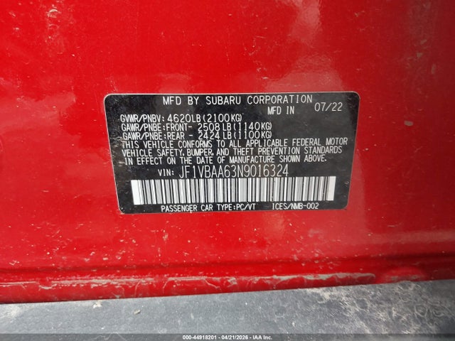 44918201 :رقم المزاد ، JF1VBAA63N9016324 vin ، 2022 Subaru Wrx مزاد بيع