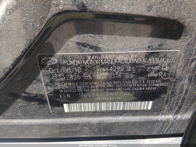 Aukcja sprzedaży 2011 Hyundai Sonata Gls, vin: 5NPEB4AC0BH175662, numer aukcji: 44918209