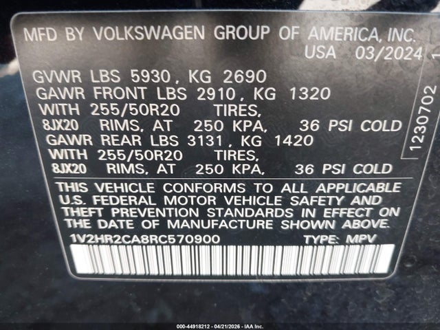 2024 Volkswagen Atlas 2.0t Se W/technology მანქანა იყიდება აუქციონზე, vin: 1V2HR2CA8RC570900, აუქციონის ნომერი: 44918212