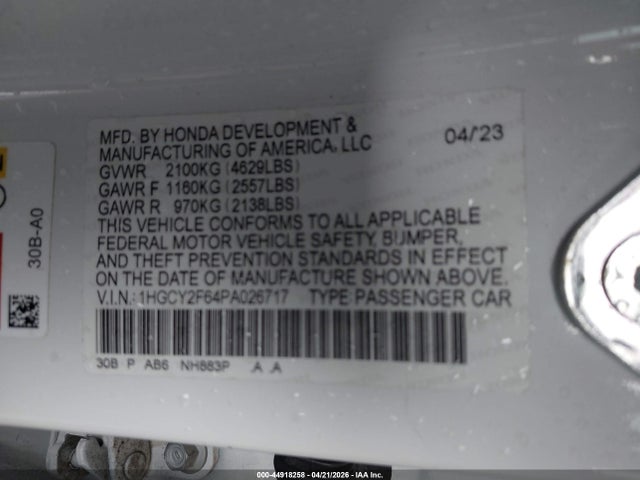 Aukcja sprzedaży 2023 Honda Accord Hybrid Ex-l, vin: 1HGCY2F64PA026717, numer aukcji: 44918258