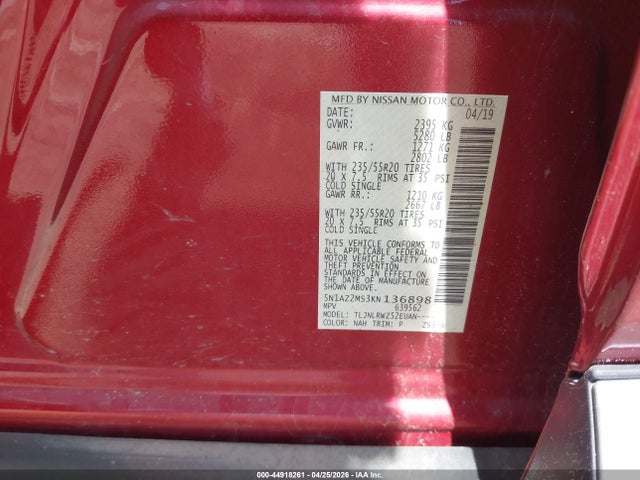 Nissan MURANO SL 2019 5N1AZ2MS3KN136898 Image 9