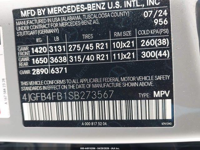 44918266 :رقم المزاد ، 4JGFB4FB1SB273567 vin ، 2025 Mercedes-benz Gle 350 4matic مزاد بيع