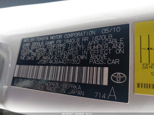44918277 :رقم المزاد ، JTDBT4K36A4077352 vin ، 2010 Toyota Yaris مزاد بيع
