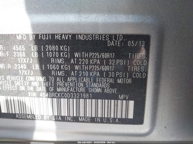 Продаж на аукціоні авто 2013 Subaru Outback 2.5i Limited, vin: 4S4BRCKC0D3321981, номер лоту: 44918291