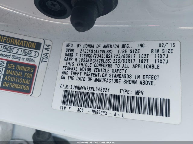 2015 Honda Cr-v Ex-l მანქანა იყიდება აუქციონზე, vin: 5J6RM4H7XFL043024, აუქციონის ნომერი: 44918292