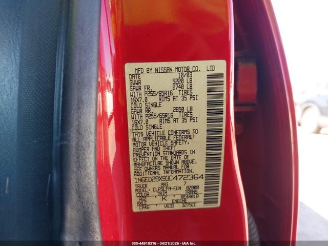 Auction sale of the 2003 Nissan Frontier Se-v6, vin: 1N6ED29X93C472364, lot number: 44918316
