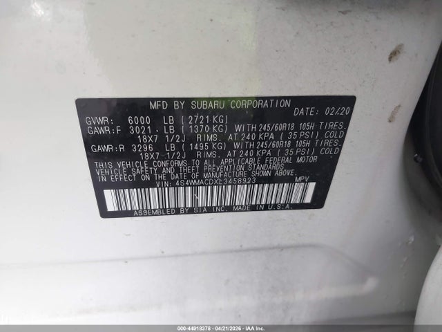 Продажа на аукционе авто 2020 Subaru Ascent Premium, vin: 4S4WMACDXL3458923, номер лота: 44918378