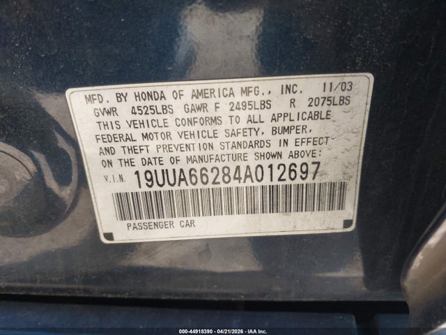 Aukcja sprzedaży 2004 Acura Tl, vin: 19UUA66284A012697, numer aukcji: 44918390