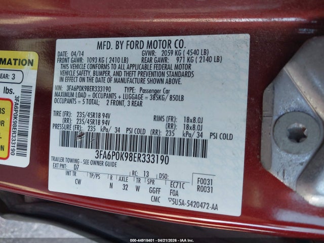 Продаж на аукціоні авто 2014 Ford Fusion Titanium, vin: 3FA6P0K98ER333190, номер лоту: 44918401