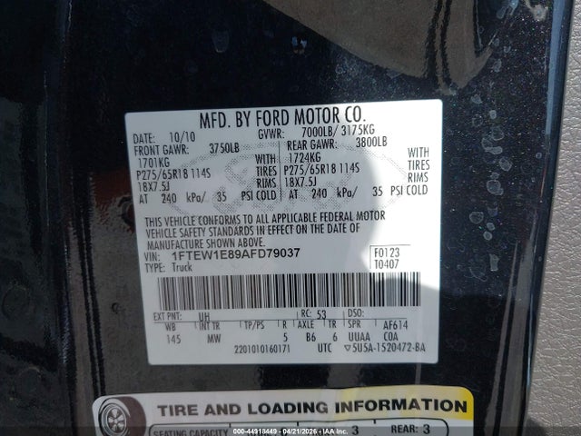 44918449 :رقم المزاد ، 1FTEW1E89AFD79037 vin ، 2010 Ford F-150 Xl/xlt مزاد بيع