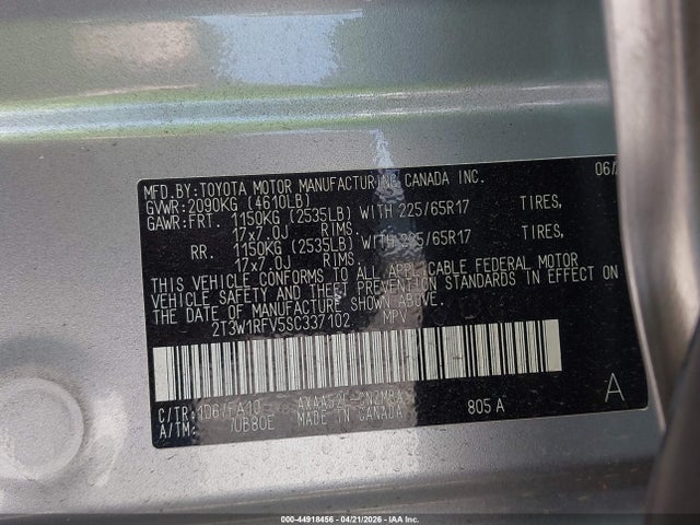 2025 Toyota Rav4 Xle მანქანა იყიდება აუქციონზე, vin: 2T3W1RFV5SC337102, აუქციონის ნომერი: 44918456