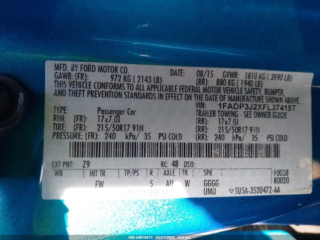 2015 Ford Focus Titanium მანქანა იყიდება აუქციონზე, vin: 1FADP3J2XFL374157, აუქციონის ნომერი: 44918473