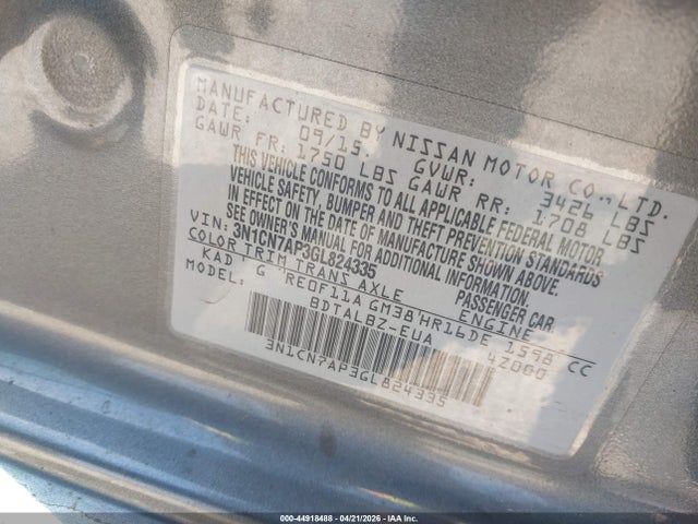 Продажа на аукционе авто 2016 Nissan Versa 1.6 S/1.6 S+/1.6 Sl/1.6 Sv, vin: 3N1CN7AP3GL824335, номер лота: 44918488