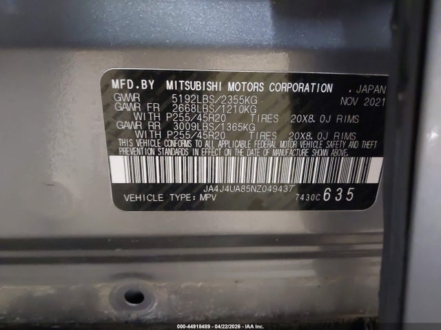 Aukcja sprzedaży 2022 Mitsubishi Outlander, vin: JA4J4UA85NZ049437, numer aukcji: 44918489