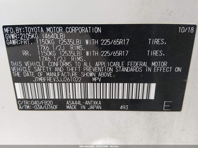 44918493 :رقم المزاد ، JTMBFREV3JJ261022 vin ، 2018 Toyota Rav4 Le مزاد بيع