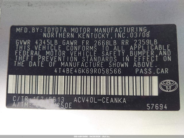 44918496 :رقم المزاد ، 4T4BE46K69R058566 vin ، 2009 Toyota Camry مزاد بيع