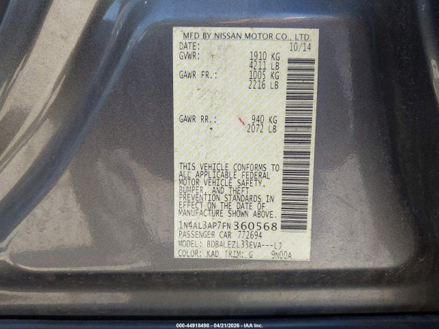 2015 Nissan Altima 2.5 S მანქანა იყიდება აუქციონზე, vin: 1N4AL3AP7FN360568, აუქციონის ნომერი: 44918498