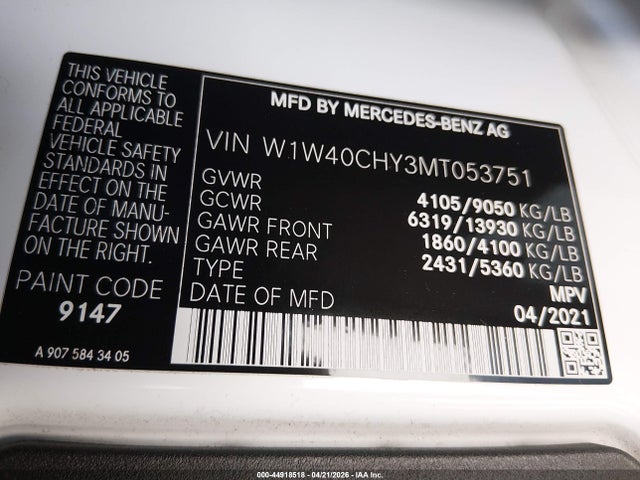 44918518 :رقم المزاد ، W1W40CHY3MT053751 vin ، 2021 Mercedes-benz Sprinter 2500 High Roof I4 مزاد بيع