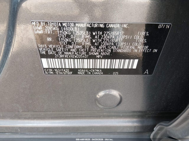 44918520 :رقم المزاد ، 2T3RFREVXEW205407 vin ، 2014 Toyota Rav4 Xle مزاد بيع