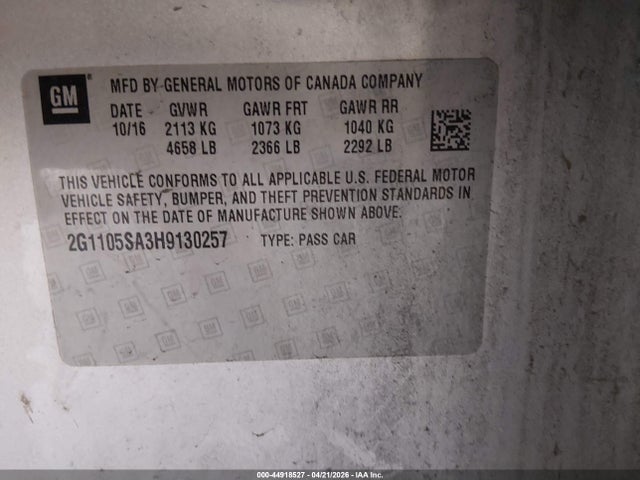 Продаж на аукціоні авто 2017 Chevrolet Impala 1lt, vin: 2G1105SA3H9130257, номер лоту: 44918527