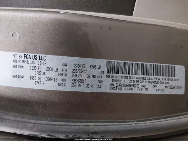 Продажа на аукционе авто 2017 Chrysler Pacifica Touring-l Plus, vin: 2C4RC1EG6HR591768, номер лота: 44918540
