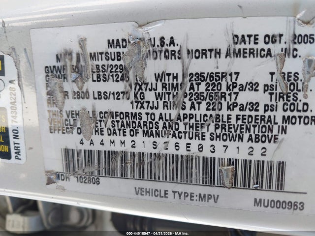 Aukcja sprzedaży 2006 Mitsubishi Endeavor Ls, vin: 4A4MM21S26E037122, numer aukcji: 44918547