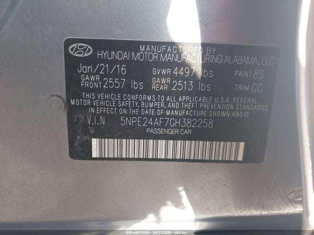 Aukcja sprzedaży 2016 Hyundai Sonata Se, vin: 5NPE24AF7GH382258, numer aukcji: 44918555