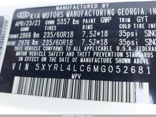2021 Kia Sorento S მანქანა იყიდება აუქციონზე, vin: 5XYRL4LC6MG052681, აუქციონის ნომერი: 44918559