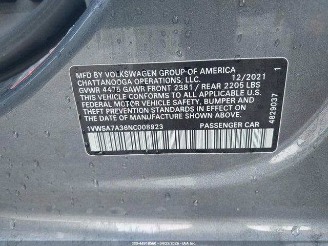 Aukcja sprzedaży 2022 Volkswagen Passat 2.0t Se, vin: 1VWSA7A36NC008923, numer aukcji: 44918560