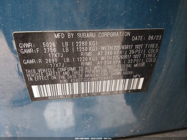 44918565 :رقم المزاد ، 4S4BTGUD9R3128475 vin ، 2024 Subaru Outback Wilderness مزاد بيع
