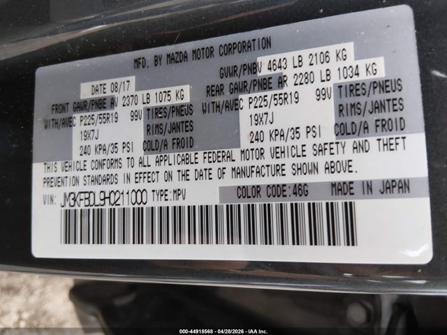 44918568 :رقم المزاد ، JM3KFBDL9H0211000 vin ، 2017 Mazda Cx-5 Grand Select مزاد بيع
