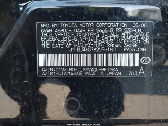 Продажа на аукционе авто 2008 Lexus Es 350, vin: JTHBJ46G782255180, номер лота: 44918579