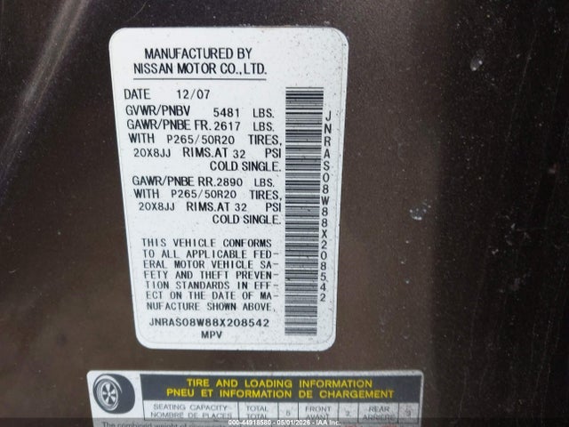 Aukcja sprzedaży 2008 Infiniti Fx35, vin: JNRAS08W88X208542, numer aukcji: 44918580