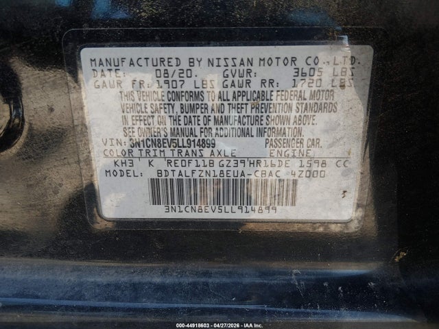 Продажа на аукционе авто 2020 Nissan Versa Sv Xtronic Cvt, vin: 3N1CN8EV5LL914899, номер лота: 44918603