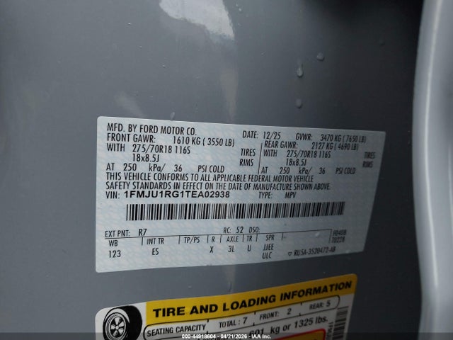Aukcja sprzedaży 2026 Ford Expedition Tremor, vin: 1FMJU1RG1TEA02938, numer aukcji: 44918604