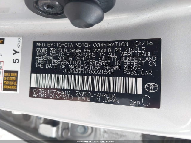 Продажа на аукционе авто 2016 Toyota Prius Two, vin: JTDKBRFU1G3521643, номер лота: 44918614