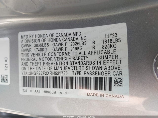 Продажа на аукционе авто 2024 Honda Civic Lx, vin: 2HGFE2F2XRH521785, номер лота: 44918617