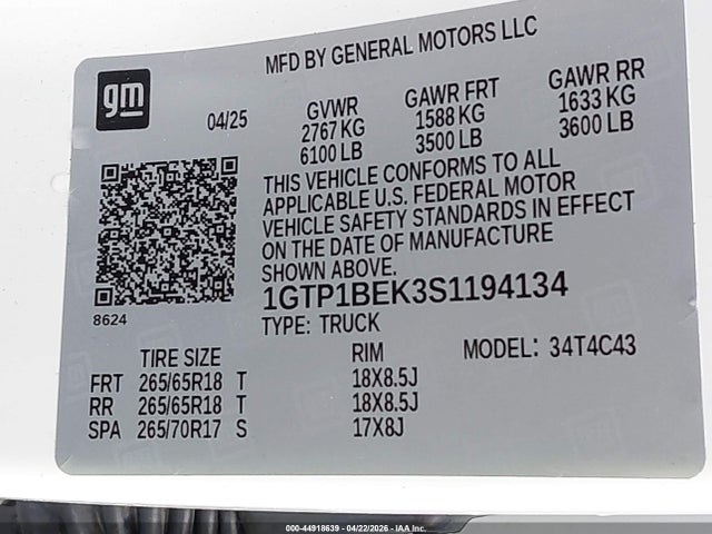 Продажа на аукционе авто 2025 Gmc Canyon 2wd Elevation, vin: 1GTP1BEK3S1194134, номер лота: 44918639