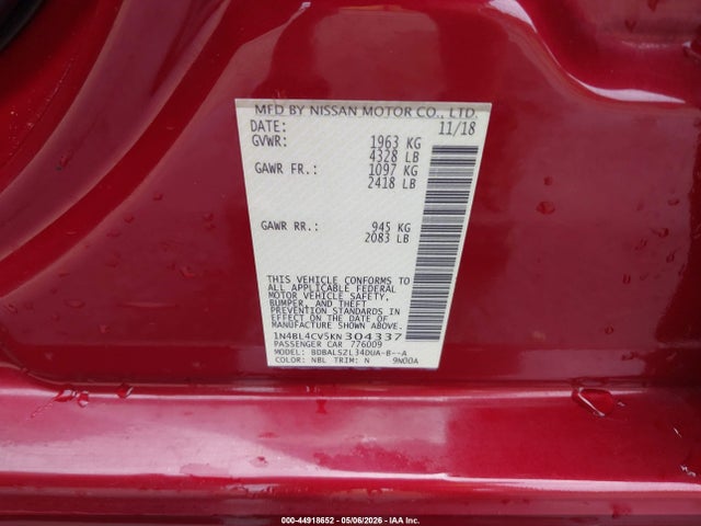 2019 Nissan Altima 2.5 Sr მანქანა იყიდება აუქციონზე, vin: 1N4BL4CV5KN304337, აუქციონის ნომერი: 44918652