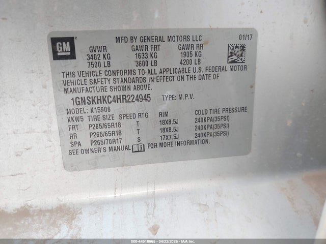44918665 :رقم المزاد ، 1GNSKHKC4HR224945 vin ، 2017 Chevrolet Suburban Lt مزاد بيع