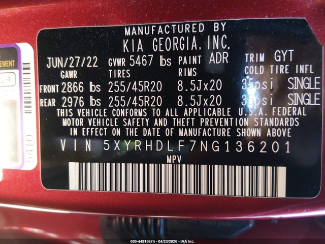 44918674 :رقم المزاد ، 5XYRHDLF7NG136201 vin ، 2022 Kia Sorento X-line Ex مزاد بيع