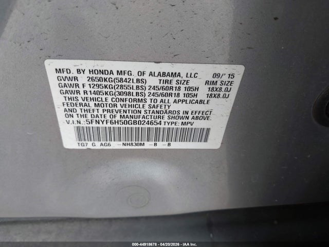 Honda Pilot Ex-l 2016 5FNYF6H50GB024654 Image 9