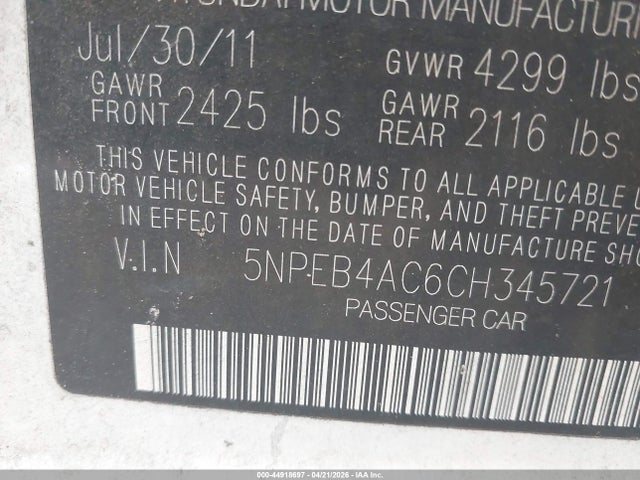 Продажа на аукционе авто 2012 Hyundai Sonata Gls, vin: 5NPEB4AC6CH345721, номер лота: 44918697