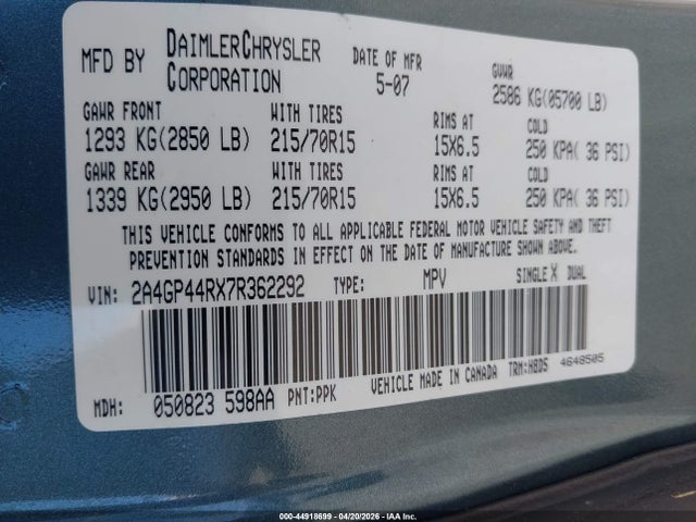 Продажа на аукционе авто 2007 Chrysler Town & Country Lx, vin: 2A4GP44RX7R362292, номер лота: 44918699
