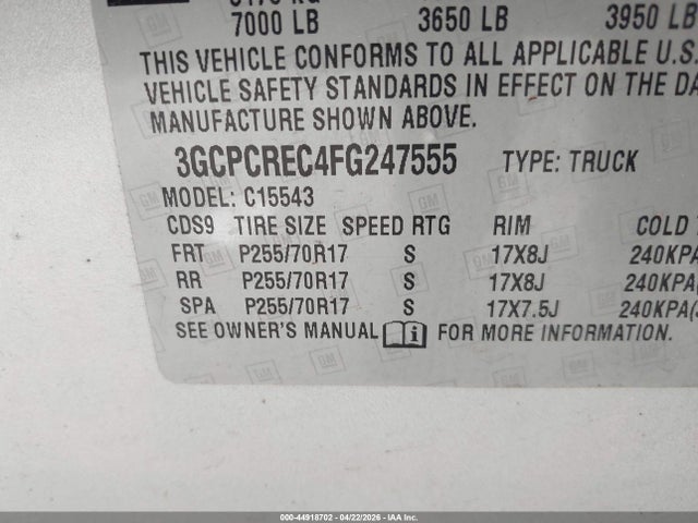 Auction sale of the 2015 Chevrolet Silverado 1500 1lt, vin: 3GCPCREC4FG247555, lot number: 44918702