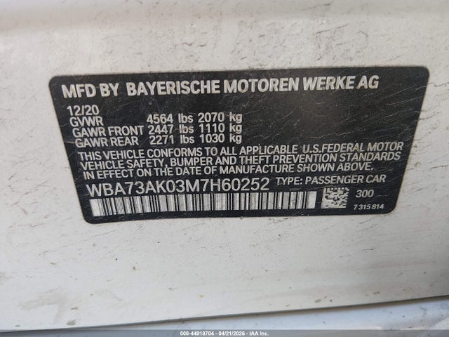Aukcja sprzedaży 2021 Bmw 228i Gran Coupe Xdrive, vin: WBA73AK03M7H60252, numer aukcji: 44918704