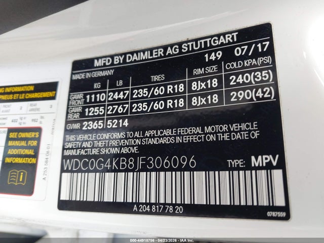 2018 Mercedes-benz Glc 300 4matic მანქანა იყიდება აუქციონზე, vin: WDC0G4KB8JF306096, აუქციონის ნომერი: 44918756