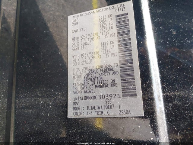 Продажа на аукционе авто 2013 Infiniti Jx35, vin: 5N1AL0MNXDC303921, номер лота: 44918757